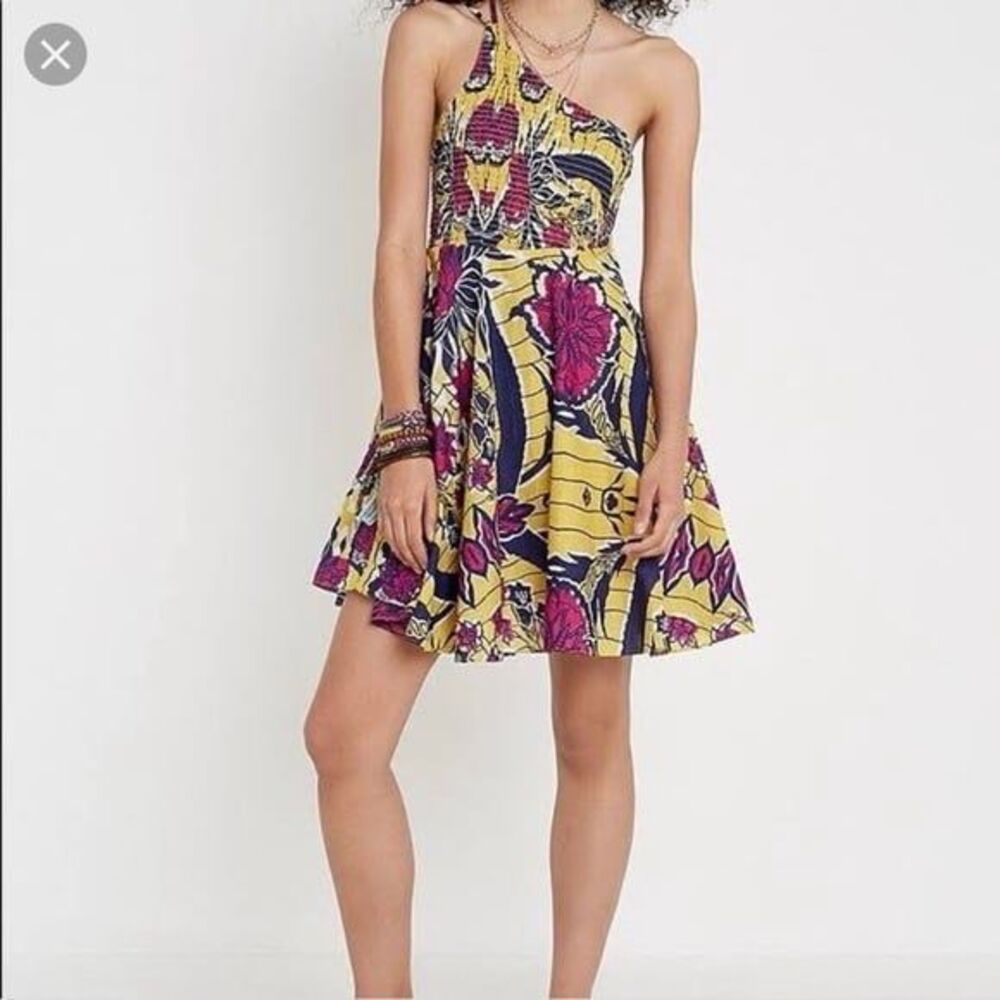 UO Dahlia Asymmetrical Smocked Mini Cotton Dress Large